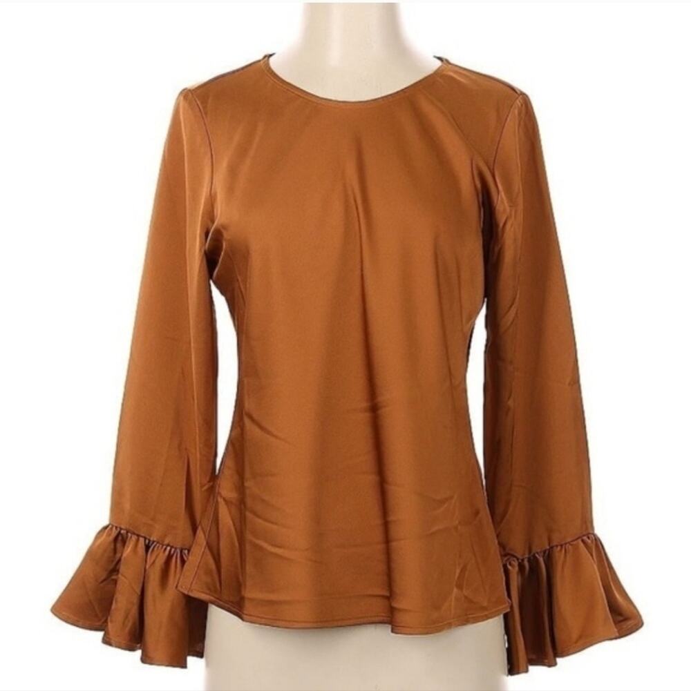J. Crew Winter Garden Golden Brown Bell Sleeve Ruffle Satin Blouse Top Small NWT